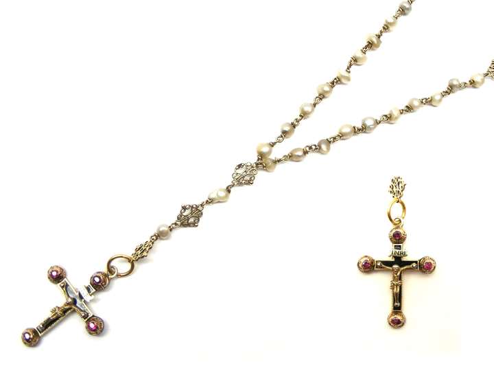 Antique gold, enamel and ruby crucifix with baroque pearl and gold longchain necklace